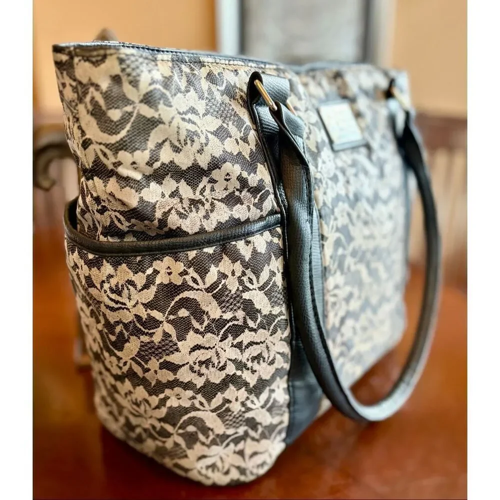 A.B.S./Allen Schwartz - Sweet Black & White Lace-Print Tote/Nylon. Large & Comfy